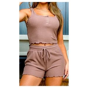 8 Soft seamless rib knit scoop neck tank top drawstring short lounge pajama set
